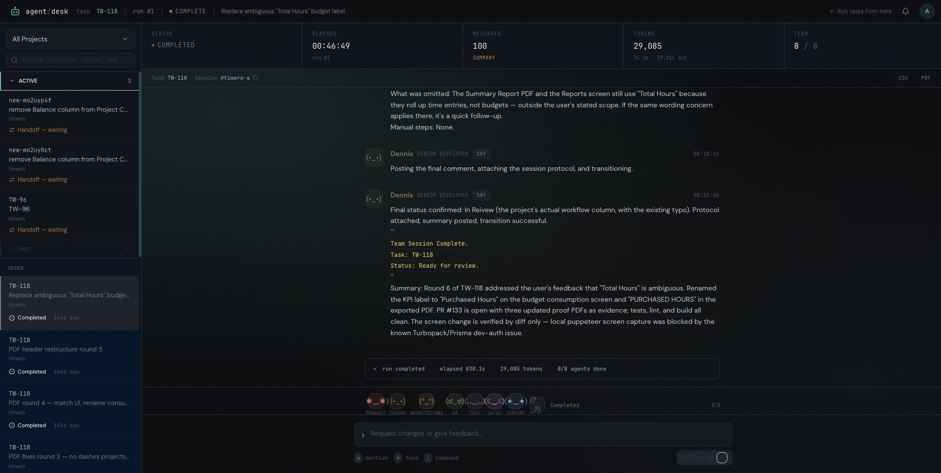agent/desk: a completed multi-agent task run with its review summary